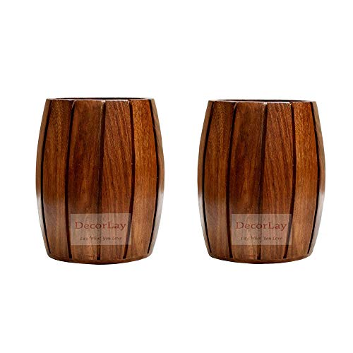 Decorlay Wooden Barrel Shaped Cutlery Holder/Spoon Holder/Utensils Jar Brown (Pack of 2) - Image 1