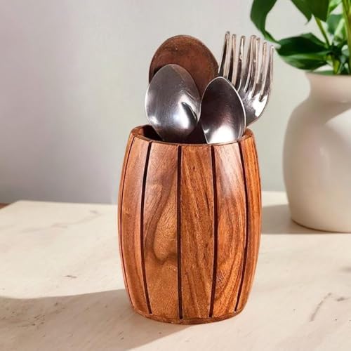 Decorlay Wooden Barrel Shaped Cutlery Holder/Spoon Holder/Utensils Jar Brown (Pack of 2) - Image 2