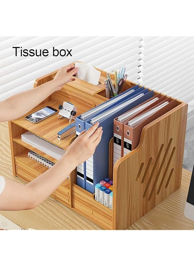 X spring - Desk Organizer 4 Tiers Office Wood Desktop Organizer Desk Organizers And Storage Rack Creative And Simple Wooden Desk Organizer Desk Top File Organizer Stand For School Cherry Wood - Image 1