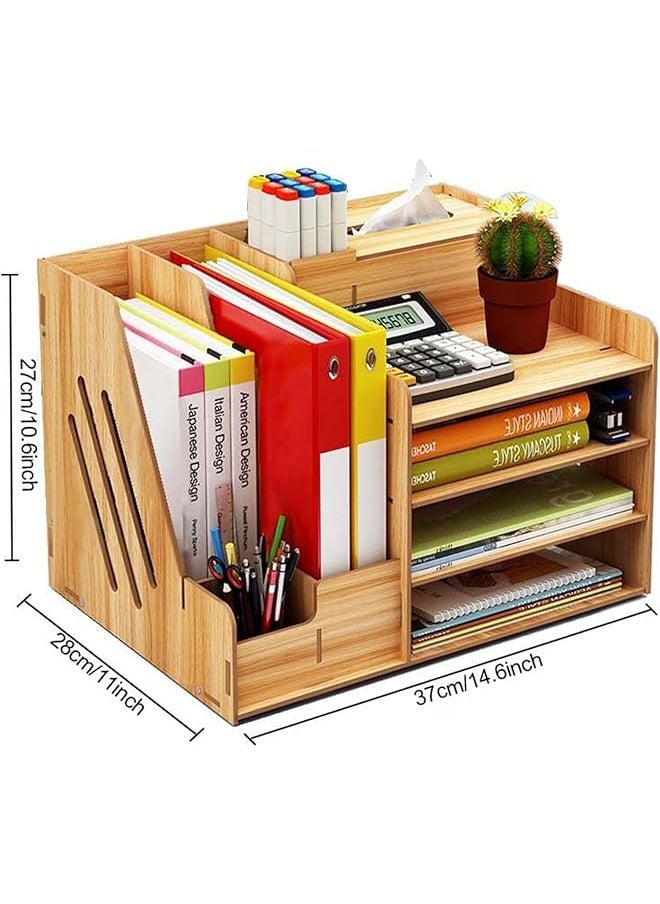 X spring - Desk Organizer 4 Tiers Office Wood Desktop Organizer Desk Organizers And Storage Rack Creative And Simple Wooden Desk Organizer Desk Top File Organizer Stand For School Cherry Wood - Image 1