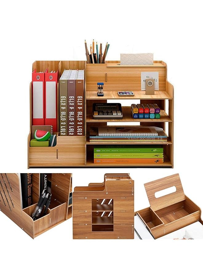 X spring - Desk Organizer 4 Tiers Office Wood Desktop Organizer Desk Organizers And Storage Rack Creative And Simple Wooden Desk Organizer Desk Top File Organizer Stand For School Cherry Wood - Image 1