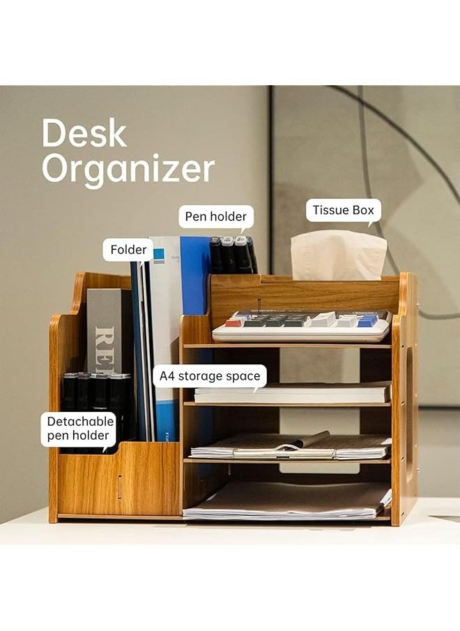 X spring - Desk Organizer 4 Tiers Office Wood Desktop Organizer Desk Organizers And Storage Rack Creative And Simple Wooden Desk Organizer Desk Top File Organizer Stand For School Cherry Wood - Image 1