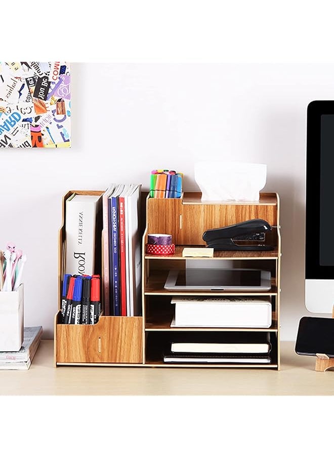 X spring - Desk Organizer 4 Tiers Office Wood Desktop Organizer Desk Organizers And Storage Rack Creative And Simple Wooden Desk Organizer Desk Top File Organizer Stand For School Cherry Wood - Image 1