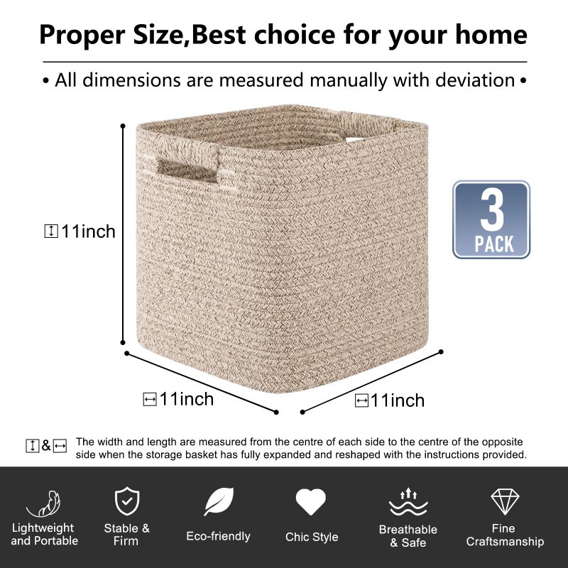 OIAHOMY Storage Cubes 11 Inch Storage Bins-3-Pack, Cotton Rope Woven Baskets for Organizing, Square Storage Baskets for Shelves Organizer, Classroom, Kids Toy Bins, Closet, Baby Nursery-Brown - Image 3