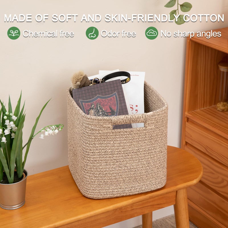OIAHOMY Storage Cubes 11 Inch Storage Bins-3-Pack, Cotton Rope Woven Baskets for Organizing, Square Storage Baskets for Shelves Organizer, Classroom, Kids Toy Bins, Closet, Baby Nursery-Brown - Image 5