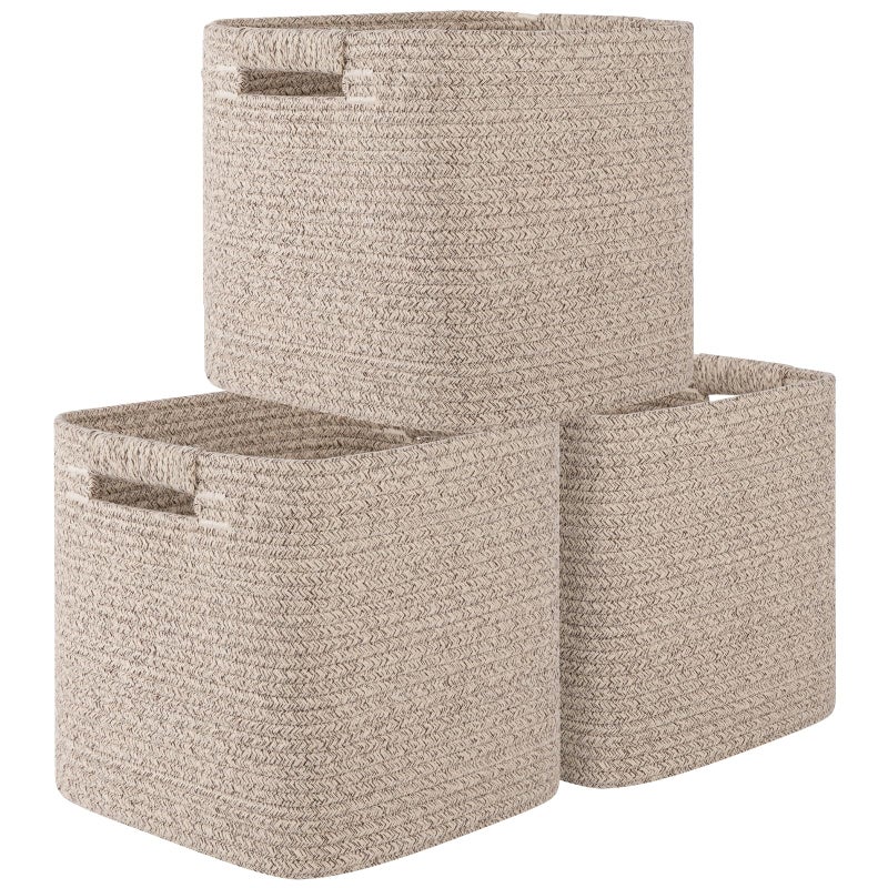 OIAHOMY Storage Cubes 11 Inch Storage Bins-3-Pack, Cotton Rope Woven Baskets for Organizing, Square Storage Baskets for Shelves Organizer, Classroom, Kids Toy Bins, Closet, Baby Nursery-Brown - Image 1