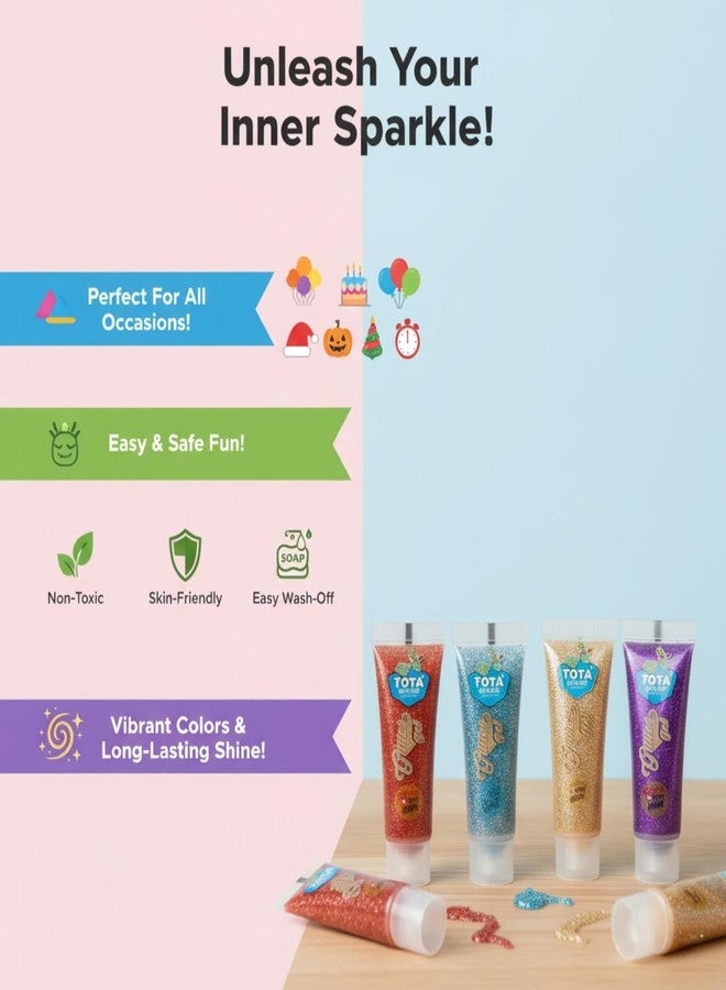 Tota Glitter Gel - Non Toxic Face Paint and Body Paint | Glitter Gel Holi Colour Paint for Holi Party Decoration Halloween Party Theatre Drama Photoshoot and More - Set of 5 Shiny Glow Tubes - Image 4