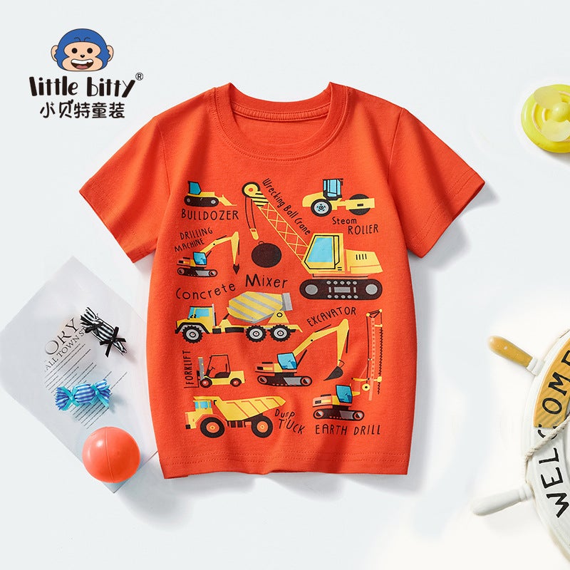 Summer Children'S Short-Sleeved T-Shirt Boys Round Neck Half-Sleeved Cartoon Excavator Printed Boys Summer - Image 1