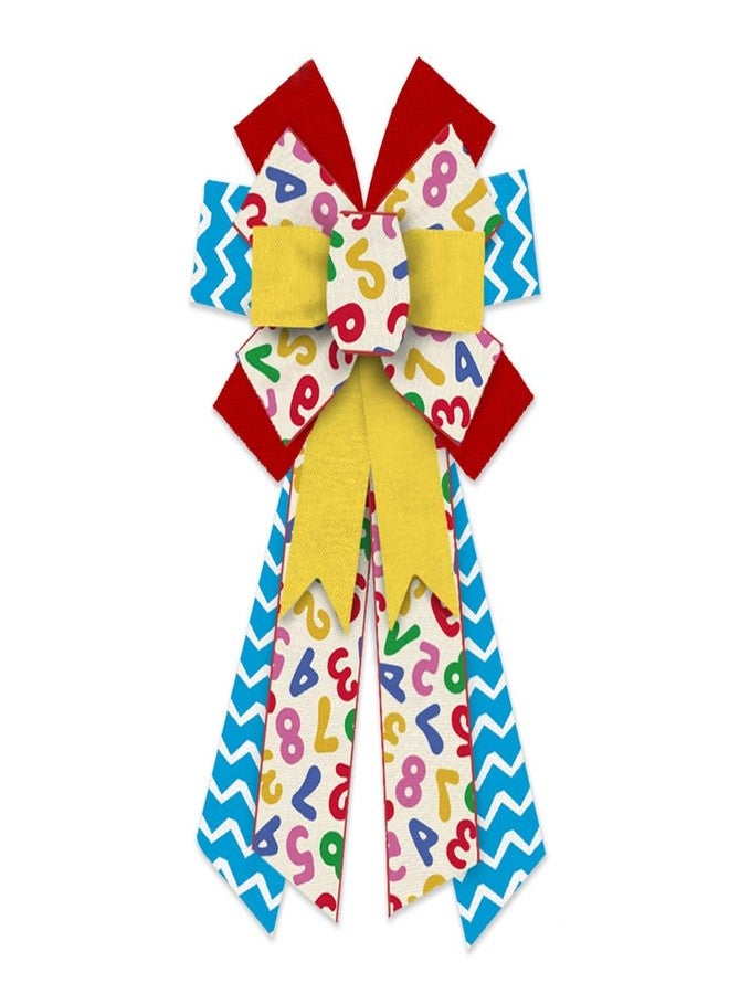 On-Airstore Large Back to School Wreath Bows Yellow Blue Wave Strips Numbers Burlap Linen Bows for Wreaths, School Theme Tree Topper Bows for First Day of School Indoor Outdoor Decoration Wreath Ornament Supplies - Image 1