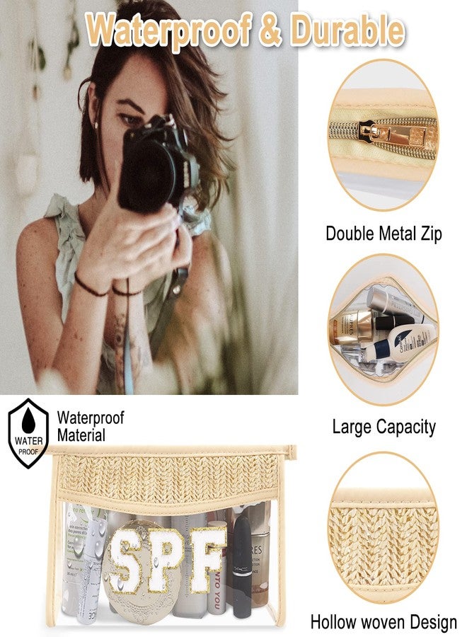 Iqimott Boho Patch SPF Bag Clear Makeup Letter Bag, Waterproof Zipper Make up Bag Toiletry Pouch for Women Girls, Clear Letter Patch Cosmetic Bag Transparent Organizer Pouch for Travel(SPF, Beige) - Image 3