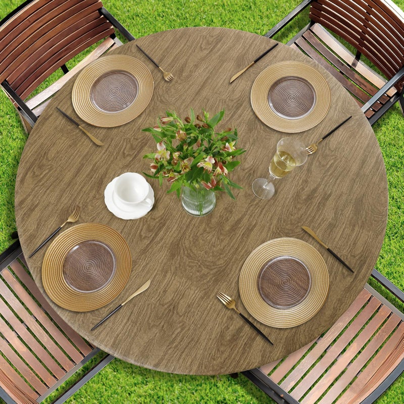 Romanstile Round Vinyl Tablecloth, 100% Waterproof Heavy Duty Elastic Fitted Table Covers for 36"- 44" Tables, Wipeable Flannel Backed Plastic Table Cloths for Picnic, Camping, Outdoor - Dark Wood - Image 1