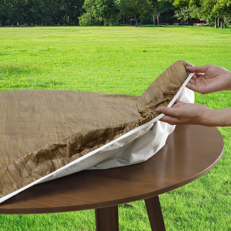 Romanstile Round Vinyl Tablecloth, 100% Waterproof Heavy Duty Elastic Fitted Table Covers for 36"- 44" Tables, Wipeable Flannel Backed Plastic Table Cloths for Picnic, Camping, Outdoor - Dark Wood - Image 2