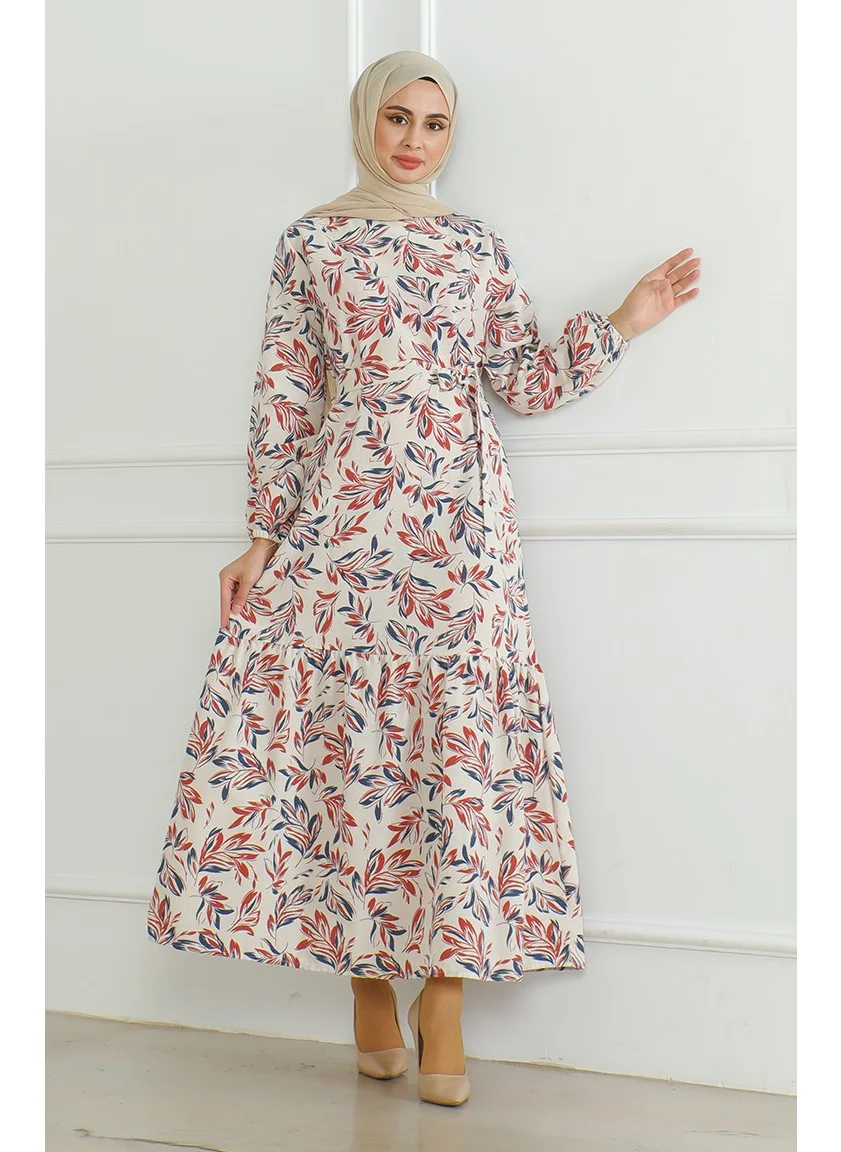 Sefa Merve Patterned Belted Linen Dress 0471-05 Beige Brick