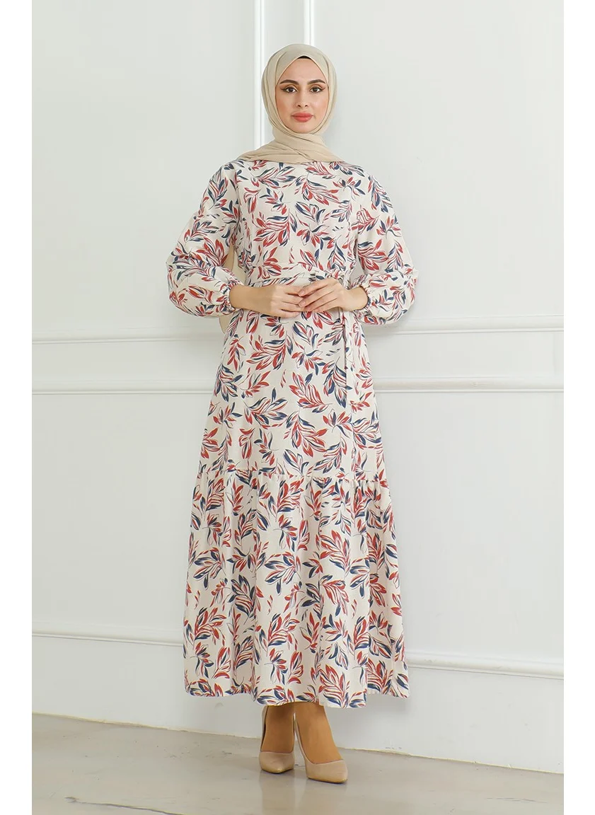 Sefa Merve Patterned Belted Linen Dress 0471-05 Beige Brick