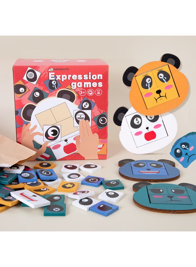 Wooden Children's Cartoon Panda Expression Face-changing Rubik's Cube Building Blocks Three-dimensional Puzzle Interactive Early Education Educational Toys-Color:Panda Expression Face-changing Puzzle - Image 2