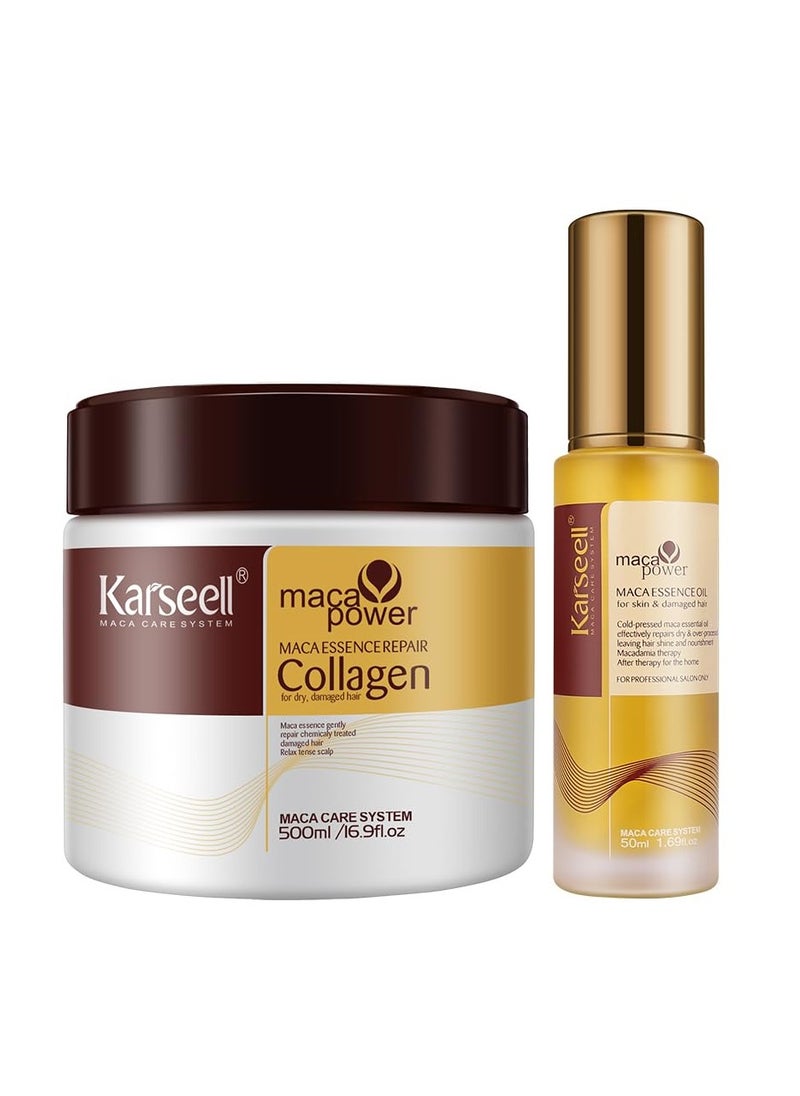 Karseell Karseell Collagen Hair Treatment - Deep Repair Mask 500ml - Argan Oil Hair Serum for Dry Damaged Hair 50ml - All Hair Types  - Image 1