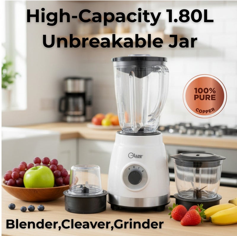 جليز خلاط كهربائي 600 واط لتحضير العصائر مع مطحنة ومفرمة 3 في 1، وعاء سعة 1.8 لتر غير قابل للكسر، بسرعتين مع خاصية النبض (Pulse) للاستخدام في المطبخ - Image 2