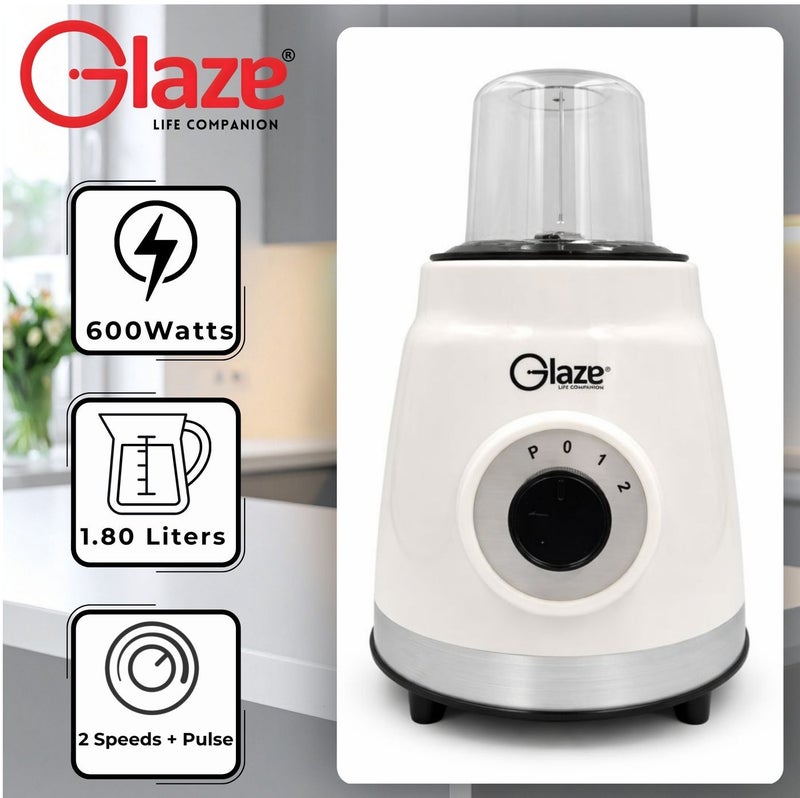 جليز خلاط كهربائي 600 واط لتحضير العصائر مع مطحنة ومفرمة 3 في 1، وعاء سعة 1.8 لتر غير قابل للكسر، بسرعتين مع خاصية النبض (Pulse) للاستخدام في المطبخ - Image 4