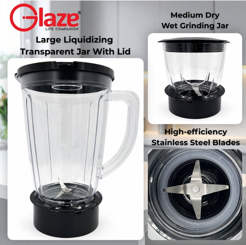 جليز خلاط كهربائي 600 واط لتحضير العصائر مع مطحنة ومفرمة 3 في 1، وعاء سعة 1.8 لتر غير قابل للكسر، بسرعتين مع خاصية النبض (Pulse) للاستخدام في المطبخ - Image 5