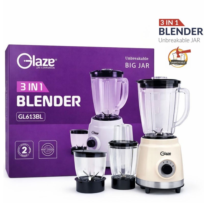 جليز خلاط كهربائي 600 واط لتحضير العصائر مع مطحنة ومفرمة 3 في 1، وعاء سعة 1.8 لتر غير قابل للكسر، بسرعتين مع خاصية النبض (Pulse) للاستخدام في المطبخ - Image 1