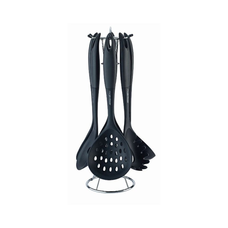 Arshia 7-Piece Black Nylon Utensil Set UL135 â€“ Heat Resistant, Nonstick Safe, with Stand