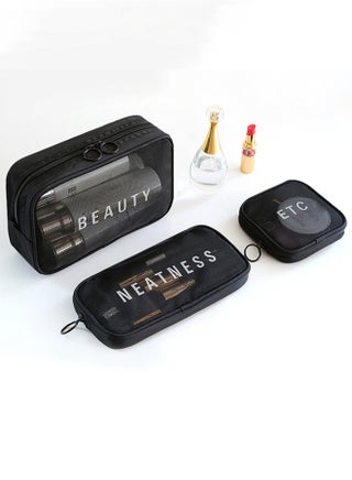 3 Pcs Portable Travel Cosmetic Makeup Bag Organizer for Women and Girls Wash Bag PVC Zippered Carry on Pouch for Travel Bottles Containers Set, Carry-On Luggage Bag (Black) - view 2