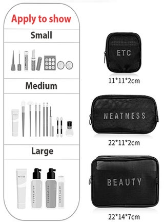 3 Pcs Portable Travel Cosmetic Makeup Bag Organizer for Women and Girls Wash Bag PVC Zippered Carry on Pouch for Travel Bottles Containers Set, Carry-On Luggage Bag (Black) - view 4