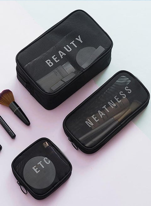 3 Pcs Portable Travel Cosmetic Makeup Bag Organizer for Women and Girls Wash Bag PVC Zippered Carry on Pouch for Travel Bottles Containers Set, Carry-On Luggage Bag (Black)