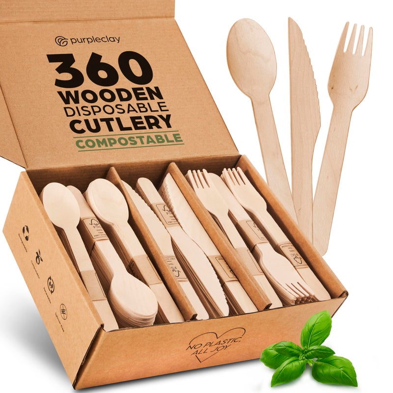 PURPLECLAY Wooden Disposable Utensils Set 360 PCS Compostable Silverware 120 Forks 120 Spoons 120 Knives Eco Friendly PlasticFree Cutlery for Parties Catering Alternative to Bamboo Utensils