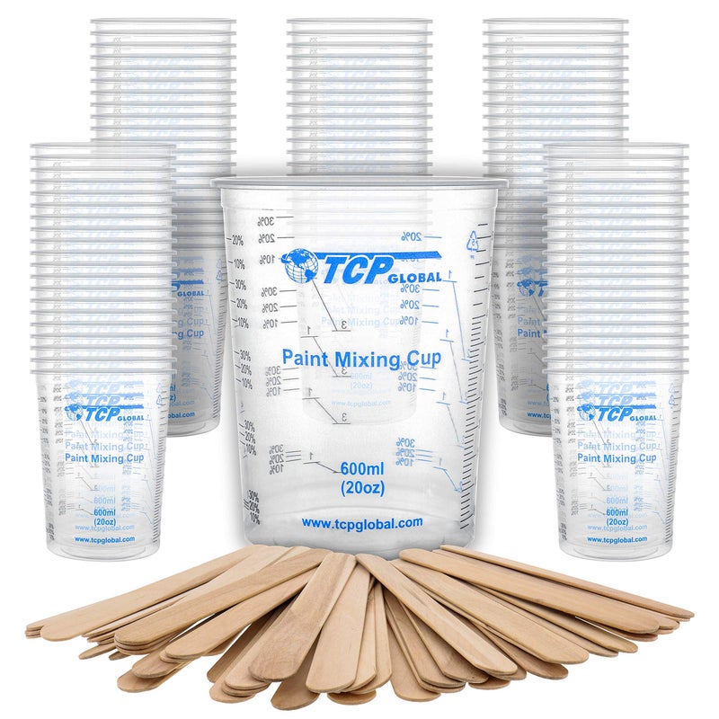 TCP Global TCP Global 20 Ounce 600ml Disposable Flexible Clear Graduated Plastic Mixing Cups  Box of 100 Cups  50 Mixing Sticks  Use for Paint Resin Epoxy Art Kitchen  Measuring Ratios 21 31 41 ML 