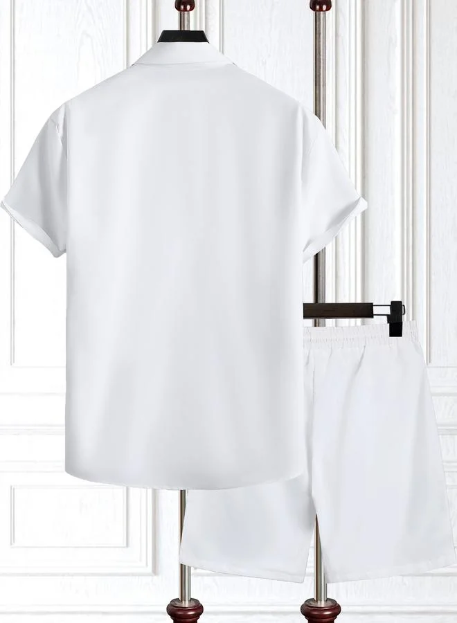 Take Two Men White Solid Short Sleeve Button Front Shirt and Shorts Co-Ords