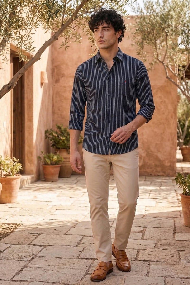 LOUIS PHILIPPE قميص لويس فيليب للرجال من القطن مخطط بقصة ضيقة (LYSFCSLBL01793_أزرق، 42) - Image 4