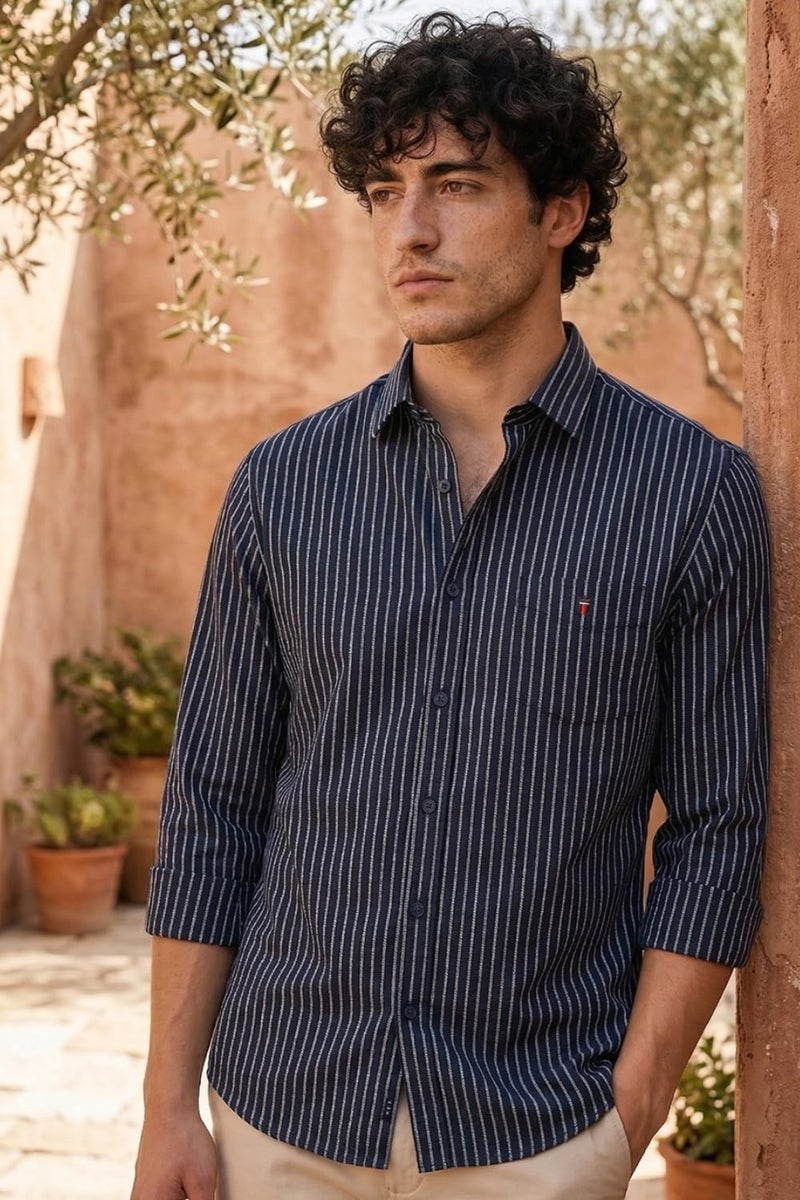 LOUIS PHILIPPE قميص لويس فيليب للرجال من القطن مخطط بقصة ضيقة (LYSFCSLBL01793_أزرق، 42) - Image 2