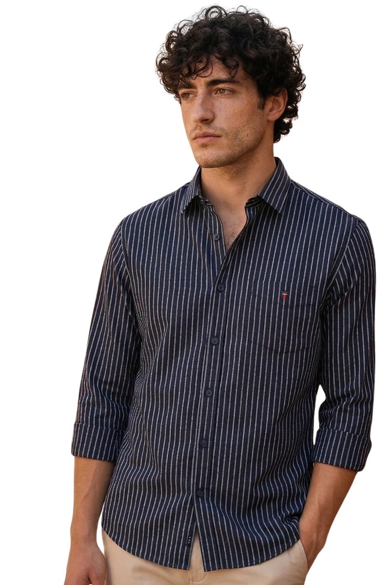 LOUIS PHILIPPE قميص لويس فيليب للرجال من القطن مخطط بقصة ضيقة (LYSFCSLBL01793_أزرق، 42) - Image 1
