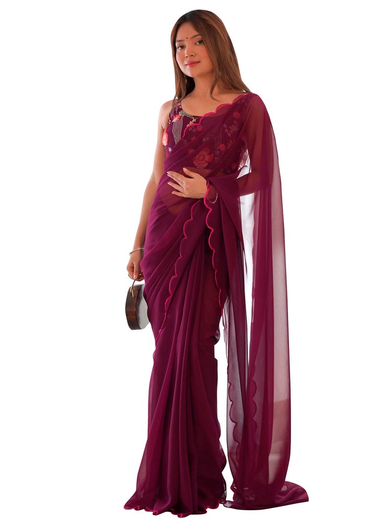 saree mall ساري مول للنساء - ساري جيوجيت صلب بلون الماجنتا مع بلوزة غير مخيطة (KESARI10207_KR) - Image 1