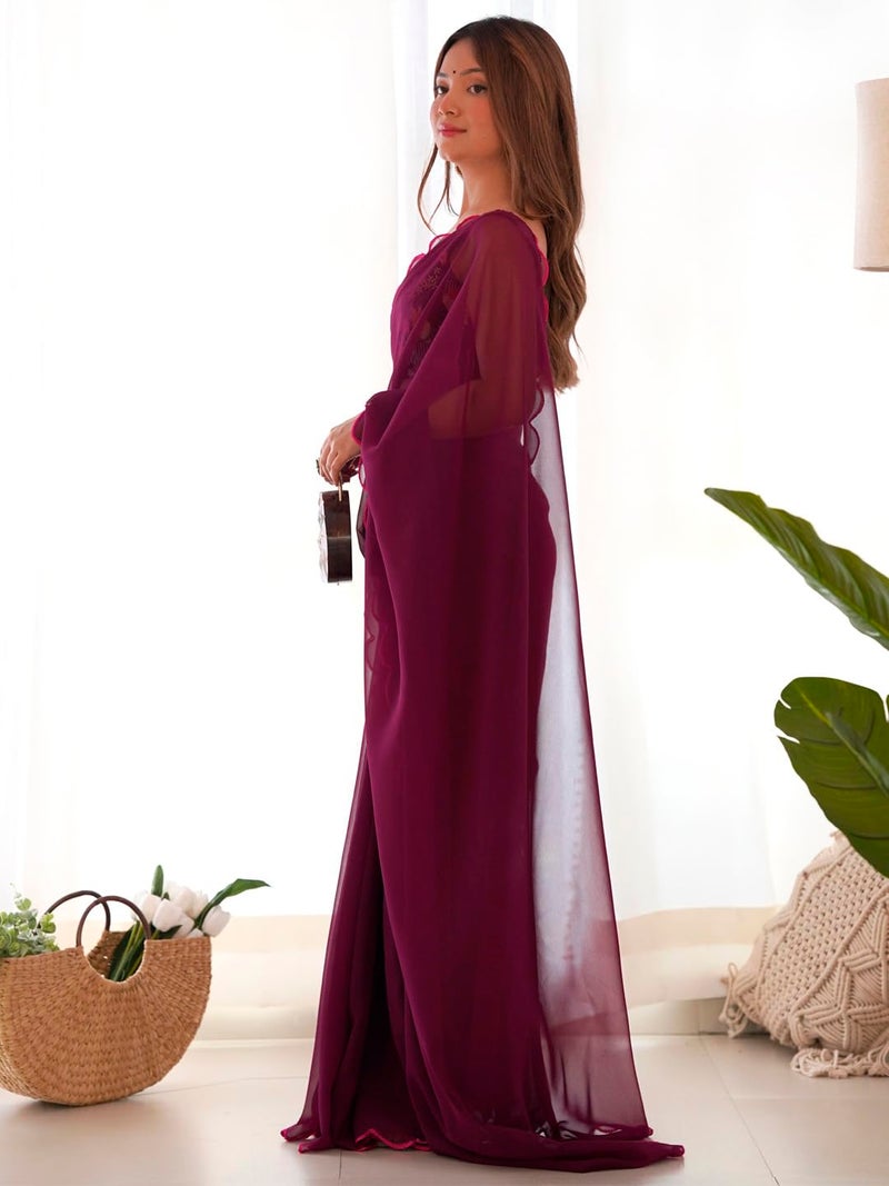 saree mall ساري مول للنساء - ساري جيوجيت صلب بلون الماجنتا مع بلوزة غير مخيطة (KESARI10207_KR) - Image 4