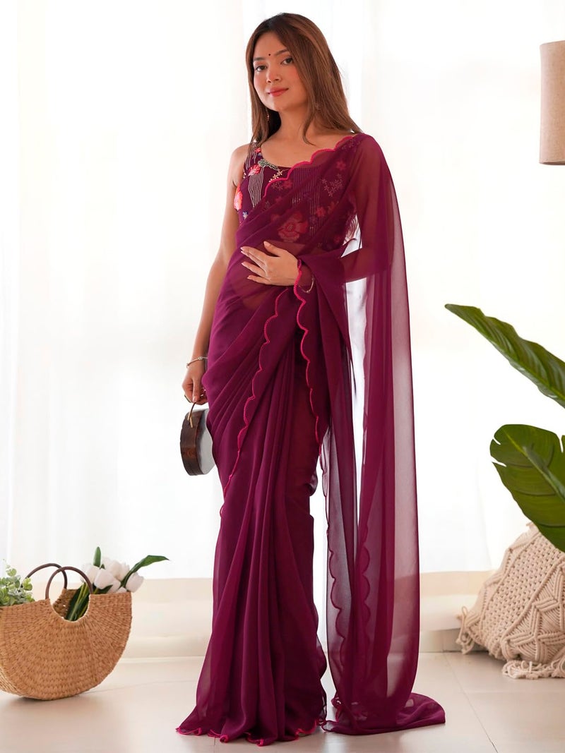 saree mall ساري مول للنساء - ساري جيوجيت صلب بلون الماجنتا مع بلوزة غير مخيطة (KESARI10207_KR) - Image 3