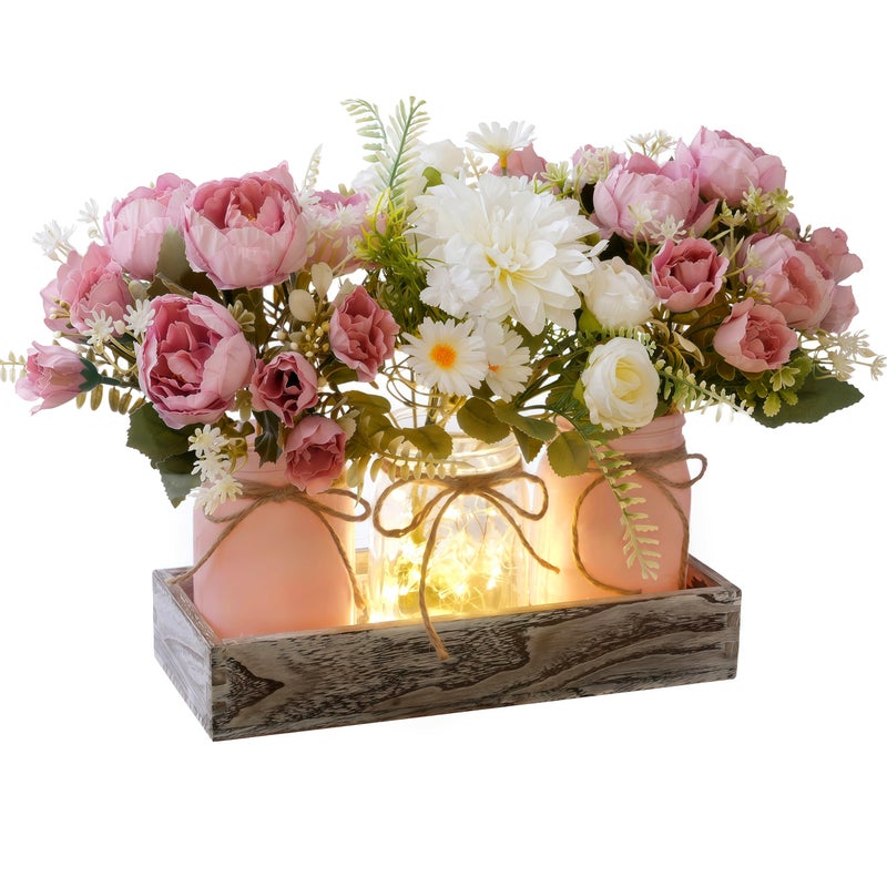 LUEUR Artificial Spring Rose Flowers in Mason Jars with Rustic Wood Tray, 3PCS Set â€“ Pink Floral Centerpiece Table Decorations for Coffee Table, Dining Room, Kitchen & Farmhouse Home Decor - Image 1