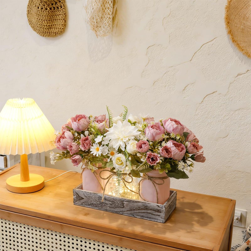 LUEUR Artificial Spring Rose Flowers in Mason Jars with Rustic Wood Tray, 3PCS Set â€“ Pink Floral Centerpiece Table Decorations for Coffee Table, Dining Room, Kitchen & Farmhouse Home Decor - Image 5
