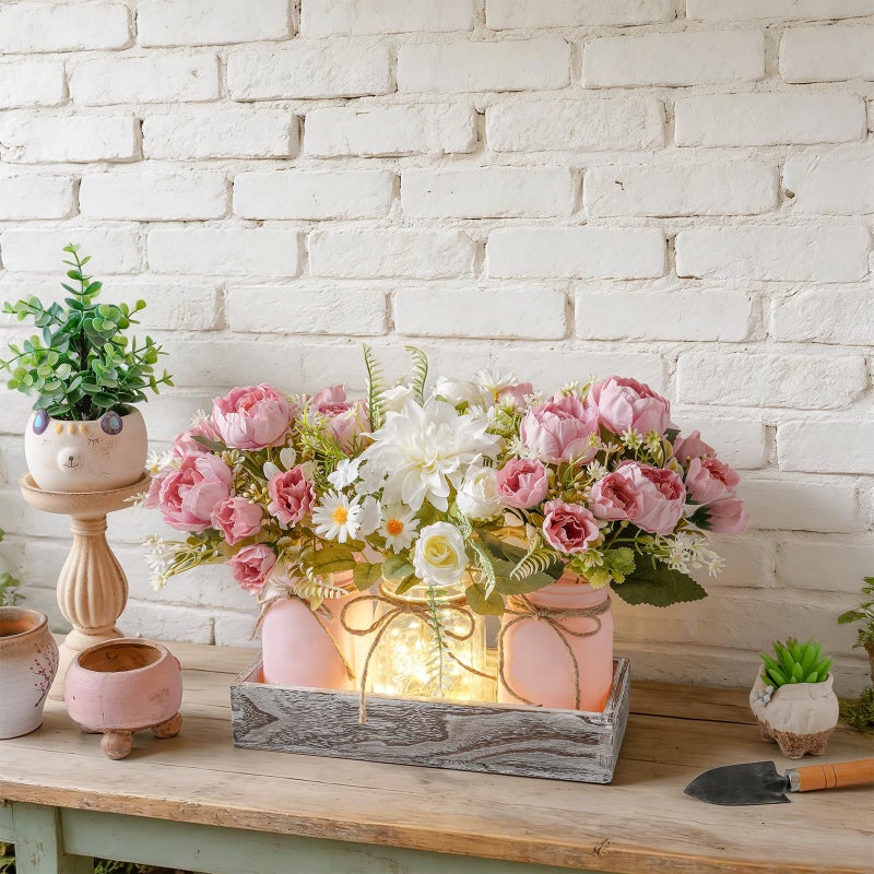 LUEUR Artificial Spring Rose Flowers in Mason Jars with Rustic Wood Tray, 3PCS Set â€“ Pink Floral Centerpiece Table Decorations for Coffee Table, Dining Room, Kitchen & Farmhouse Home Decor - Image 4