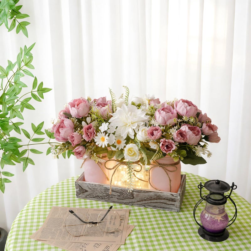 LUEUR Artificial Spring Rose Flowers in Mason Jars with Rustic Wood Tray, 3PCS Set â€“ Pink Floral Centerpiece Table Decorations for Coffee Table, Dining Room, Kitchen & Farmhouse Home Decor - Image 3