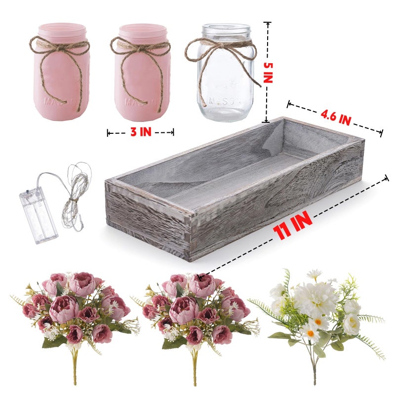 LUEUR Artificial Spring Rose Flowers in Mason Jars with Rustic Wood Tray, 3PCS Set â€“ Pink Floral Centerpiece Table Decorations for Coffee Table, Dining Room, Kitchen & Farmhouse Home Decor - Image 2