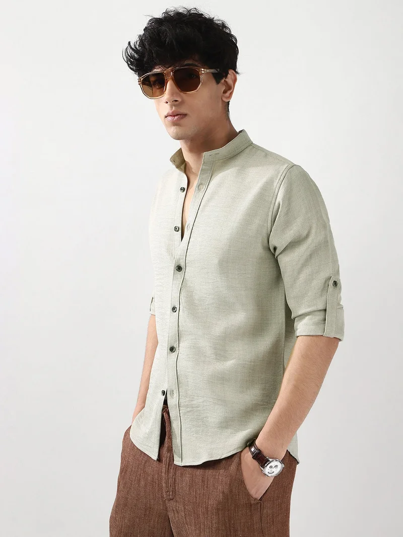 Urbano Fashion Men's Light Grey Linen Blend Full Sleeve Relaxed Fit Mandarin Collar Casual Solid Shirt