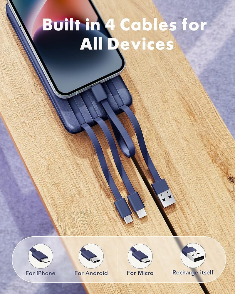 Charmast شاحن محمول Charmast مع كابلات مدمجة، بنك طاقة مع أسلاك، بطارية سفر نحيفة 10000 مللي أمبير 6 مخرجات 3 مداخل شحن سريع 3A لهواتف سامسونج جوجل بيكسل LG موتو آيفون آيباد - Image 2