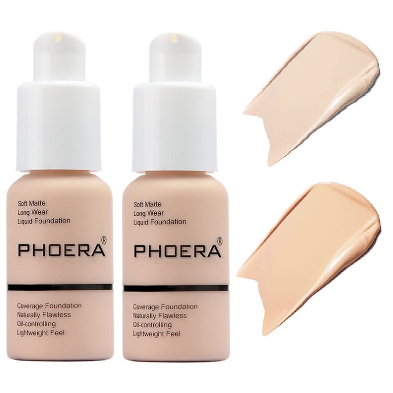 nvyue 2 Pack PHOERA Foundation Makeup ,Flawless Soft Matte Liquid Foundation 24 HR Oil Control Concealer Makeup(101 Porcelain+102 Nude) - Image 1