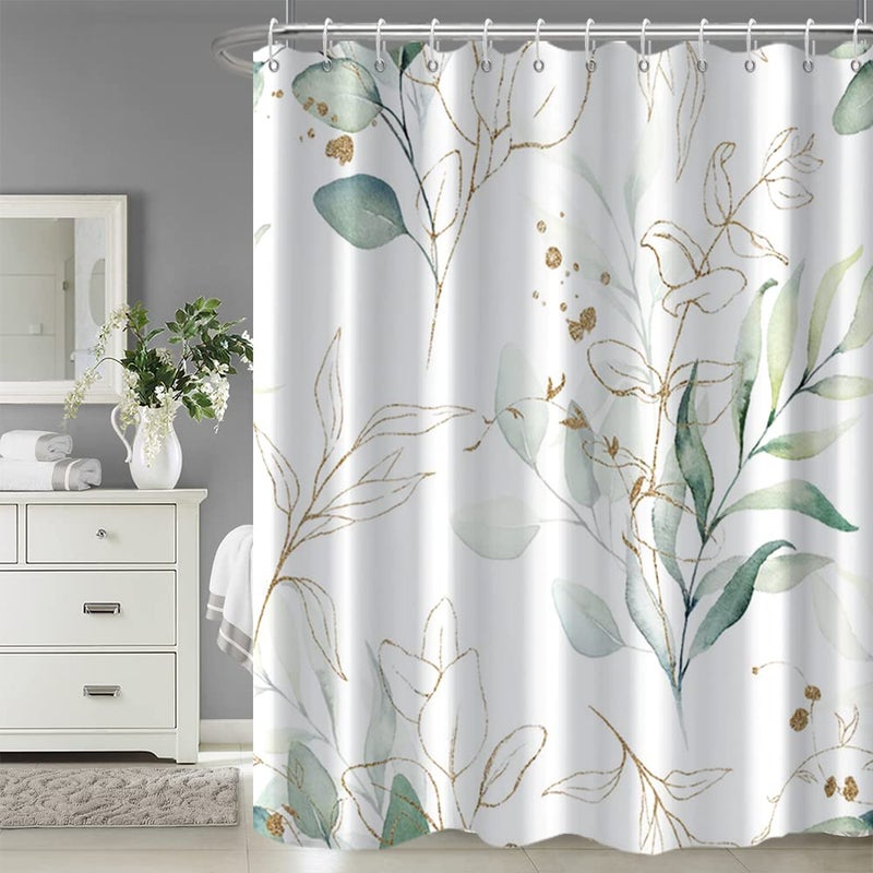 Ruelvth Sage Green Green Eucalyptus Startain Starting Pring Plant Leaves Startain Starting Materproof Flace Matercolor Green and Gold Square with Hooks 72 × 72 بوصة - Image 2