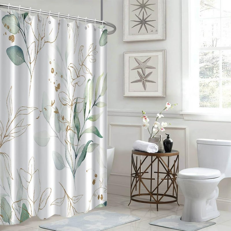 Ruelvth Sage Green Green Eucalyptus Startain Starting Pring Plant Leaves Startain Starting Materproof Flace Matercolor Green and Gold Square with Hooks 72 × 72 بوصة - Image 1