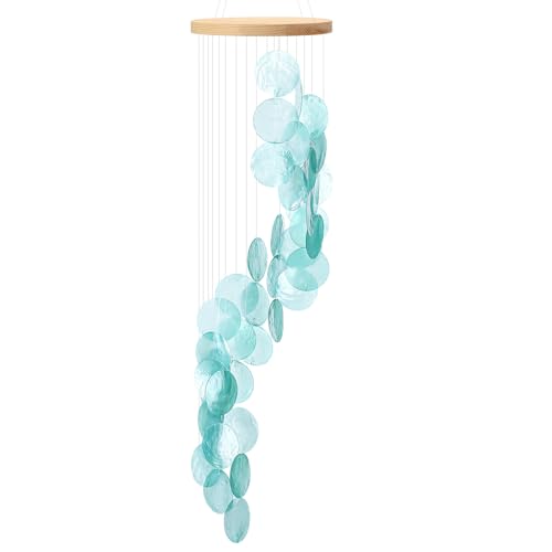 Wenqik Sea Glass Shell Wind Chimes for Outside Seaglass Capiz Windchime Spiral Wind Chimes for Women Beach Holiday Summer Gift Indoor Outdoor Home Housewarming Garden DecorBlue - Image 1