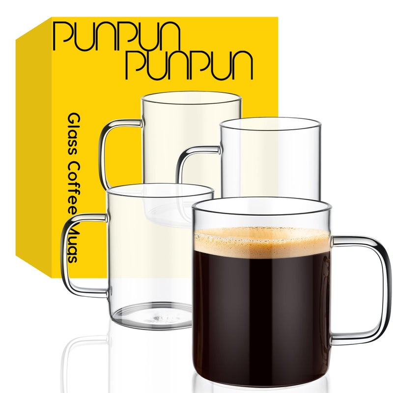 PunPun 17oz 500 ml Large Clear Glass Coffee Mugs Set of 4 Clear Espresso Cups Large Wide Mouth Glass Mugs with Big Handle Heatable Coffee Mugs for Cappuccinos and Juice Glass Cups
