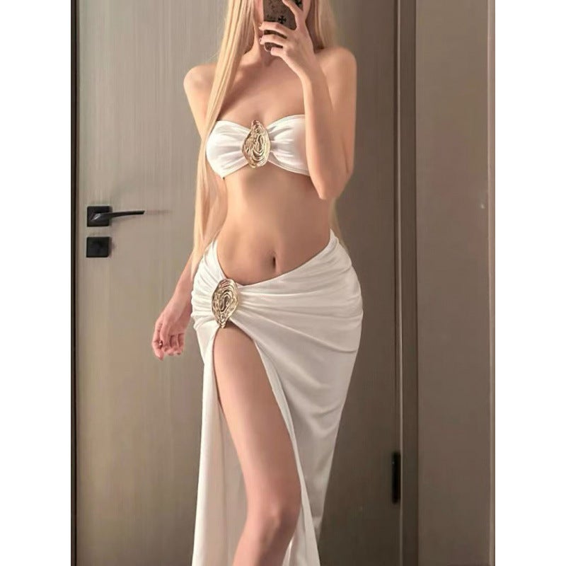 2025 Korean Style New Style Champagne Bikini Three-Point Bikini Skirt Split Swimsuit - Image 1